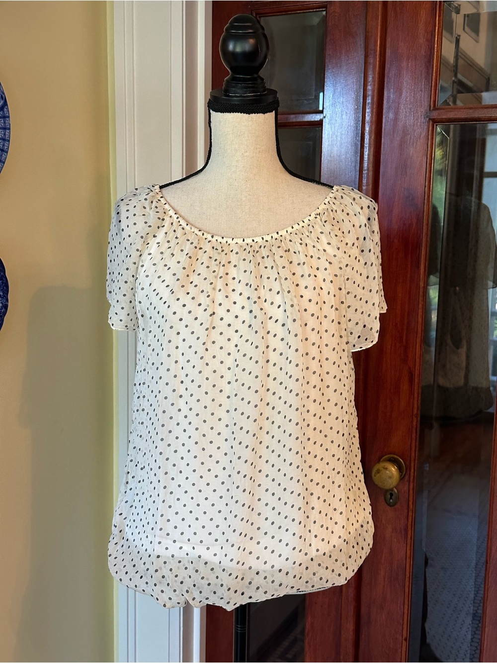 Luisa Ricci | Italy Silk Polka Dot Flutter Sleeve Bubble Hem Blouse, Size M